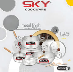 Sky Metal Finish 15-Pcs Aluminium Cookware Set with Glass Lids
