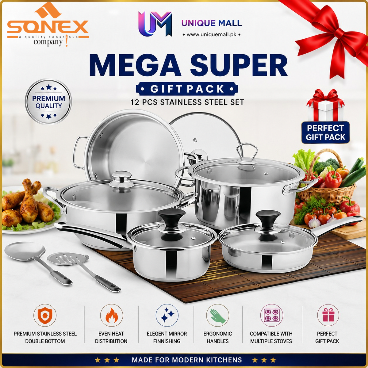 Sonex Mega Super 12-Pc Stainless Steel Cookware Gift Pack