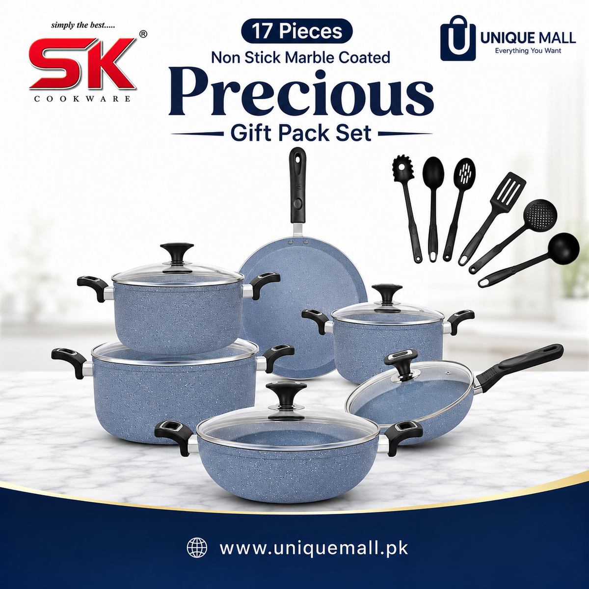 SK 17 Pieces GRAY Precious Gift Pack Set Non Stick Marble Coated