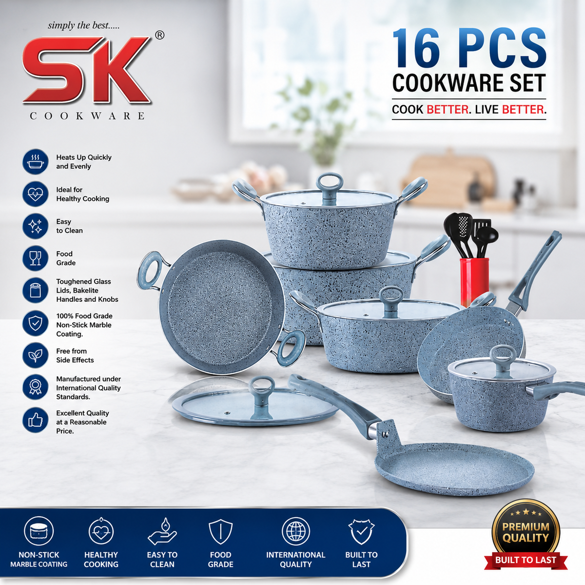 SK Signature Set 16pcs Marble Coating Non-Stick-GREY