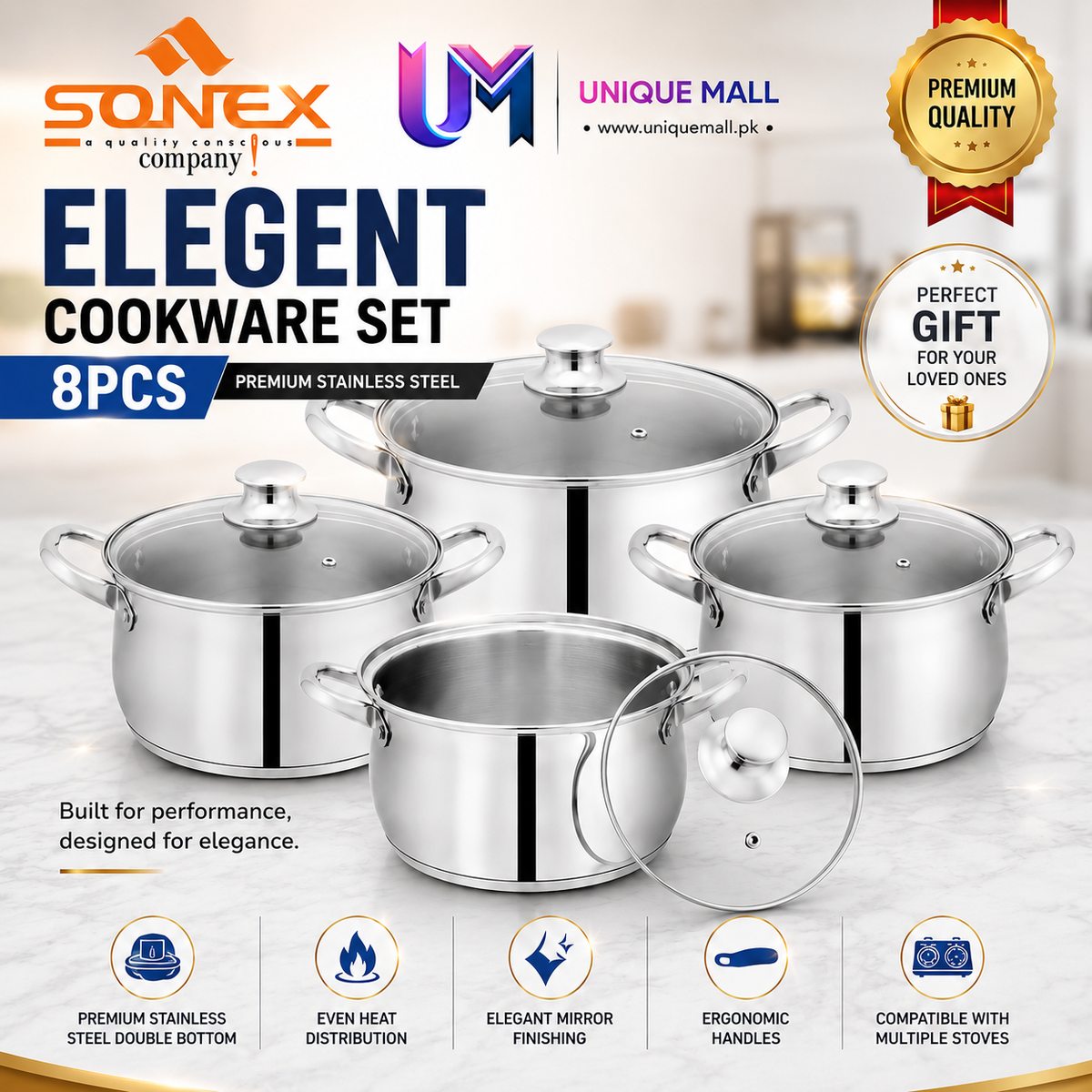 Sonex Elegant 1–4 Stainless Steel Cookware Collection
