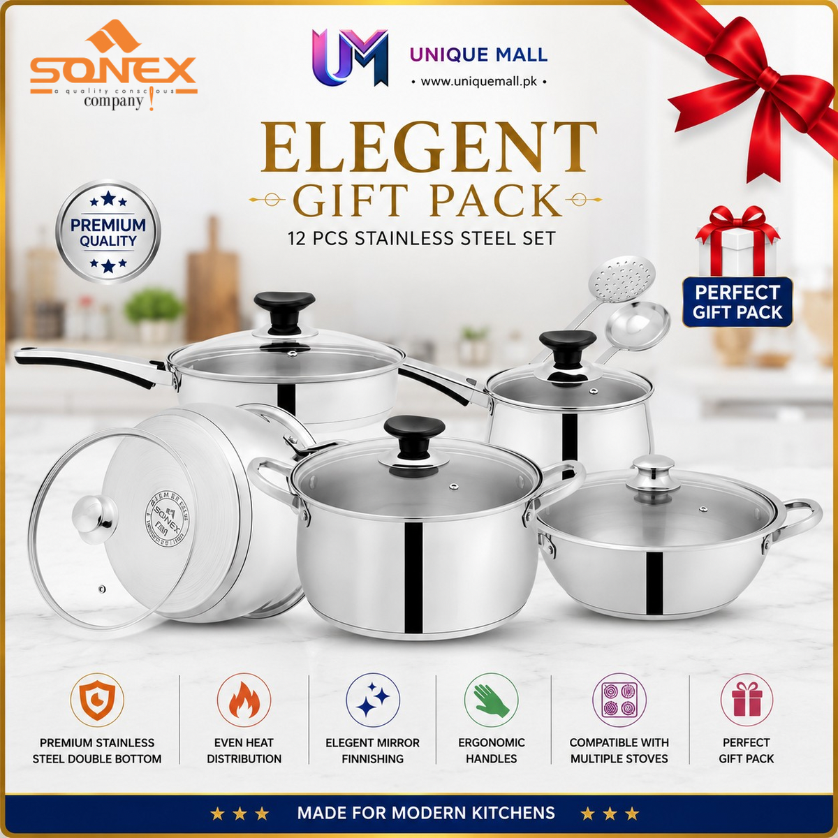 Sonex Elegant Gift Pack – 12 Pieces Stainless Steel with Glass Lid