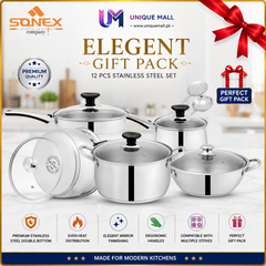 Sonex Elegant Gift Pack – 12 Pieces Stainless Steel with Glass Lid