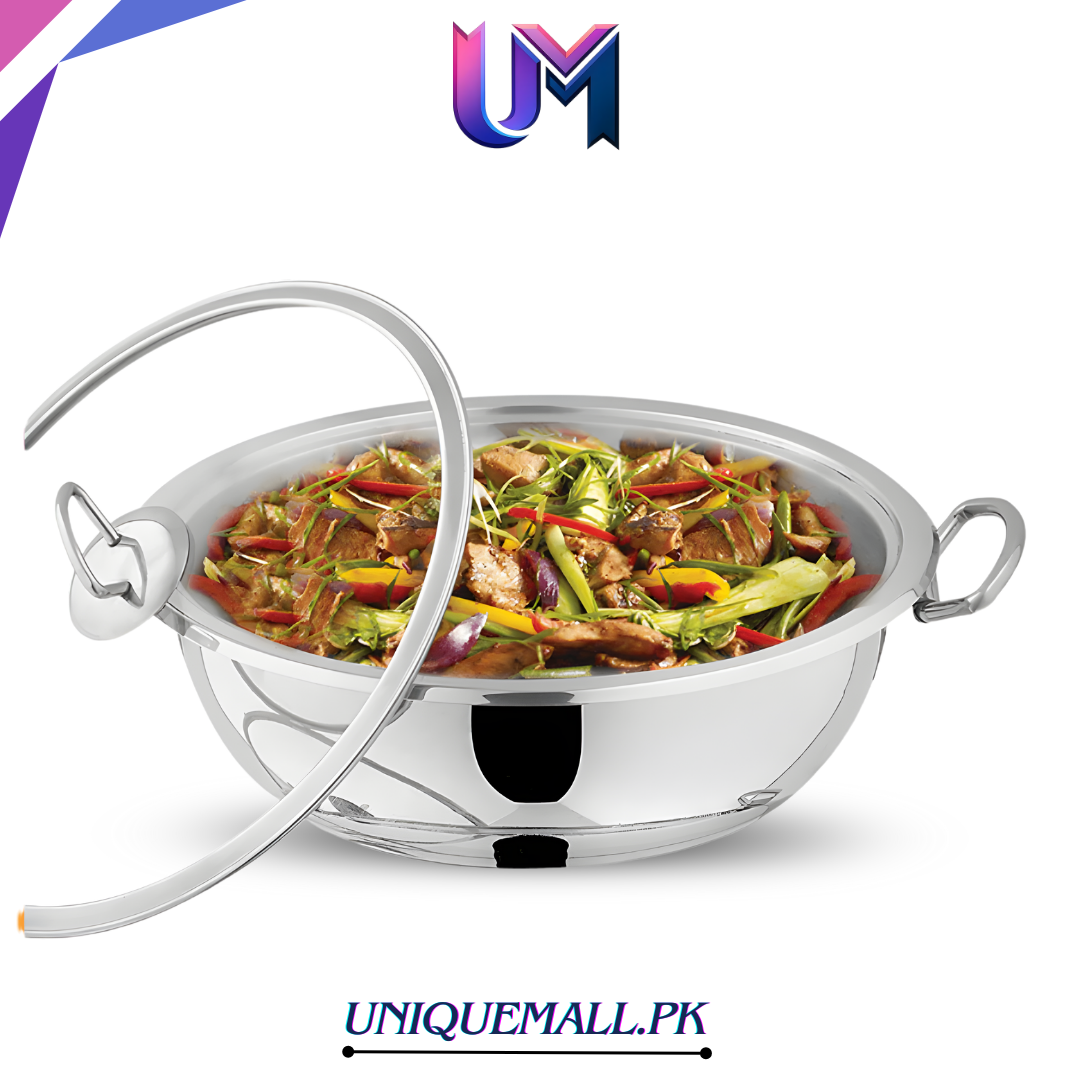 Alpha Stainless Steel Wok/Karahi – Encapsulated Double Bottom with Glass Lid