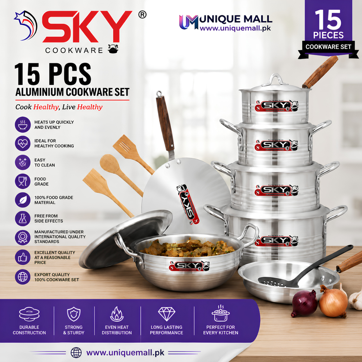 Sky Metal Finish Groozing 15-Pcs Cookware Set – Aluminium