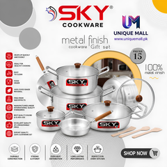 Sky Metal Finish 15-Pcs Aluminium Cookware Set with Glass Lids