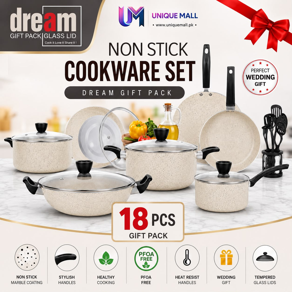 Dream 18-Piece Marble Non-Stick Cookware Gift Set - Multi-colours