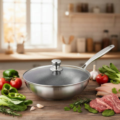 German Honeycomb Laser Coated Wok Karah with Lid Single Handle Stainless Steel Single Laser