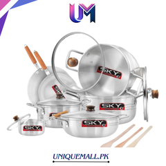 Sky Metal Finish 15-Pcs Aluminium Cookware Set with Glass Lids