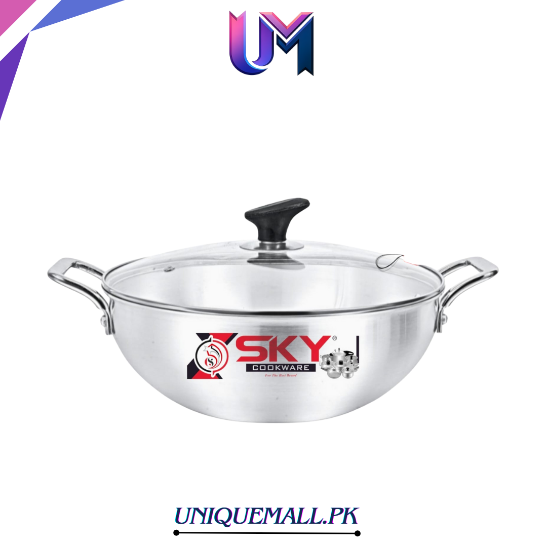 Sky Metal Finish Grooved Karahi – with Glass Lid