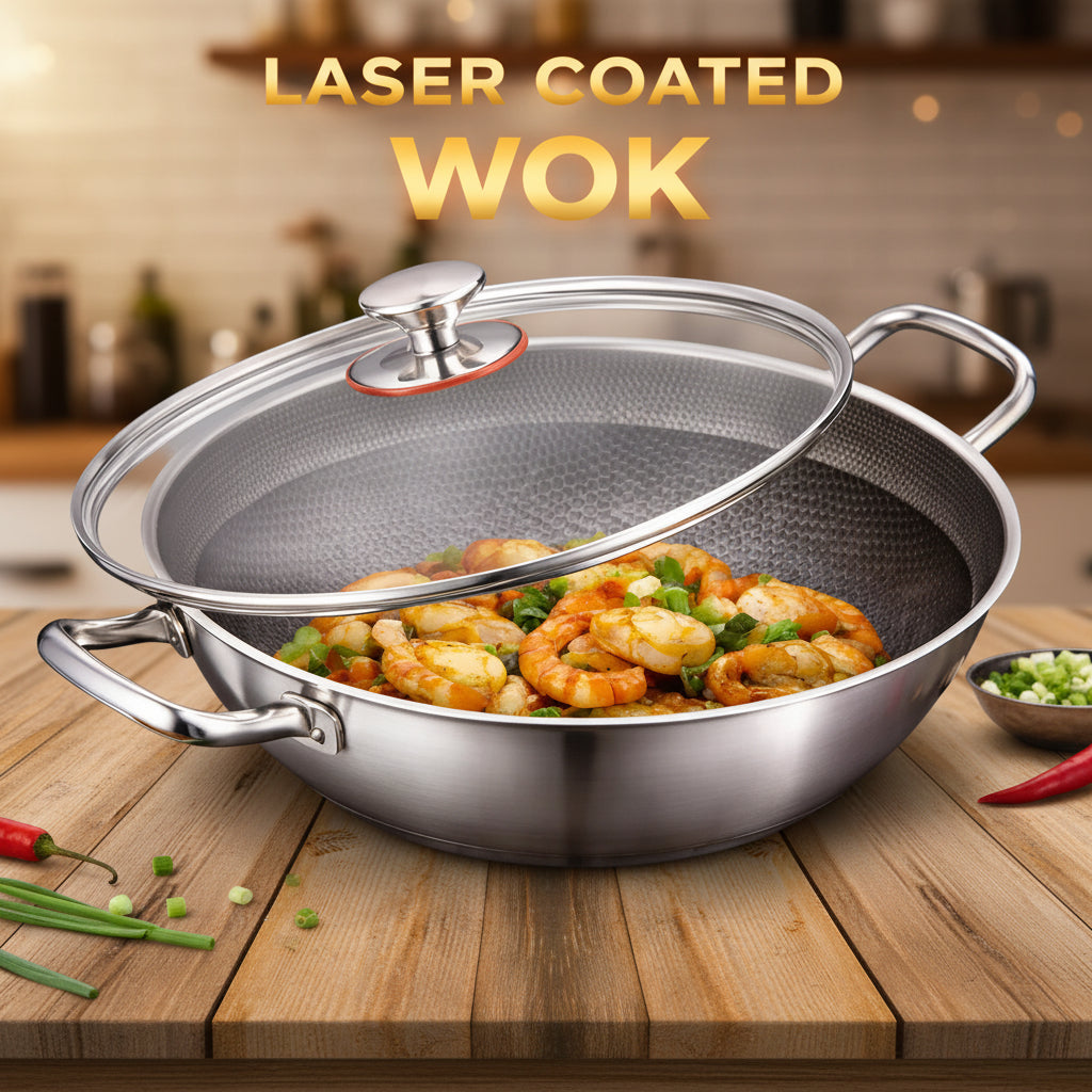 German Honeycomb Double-Sided Karahi with Lid – Laser coated Stainless Steel